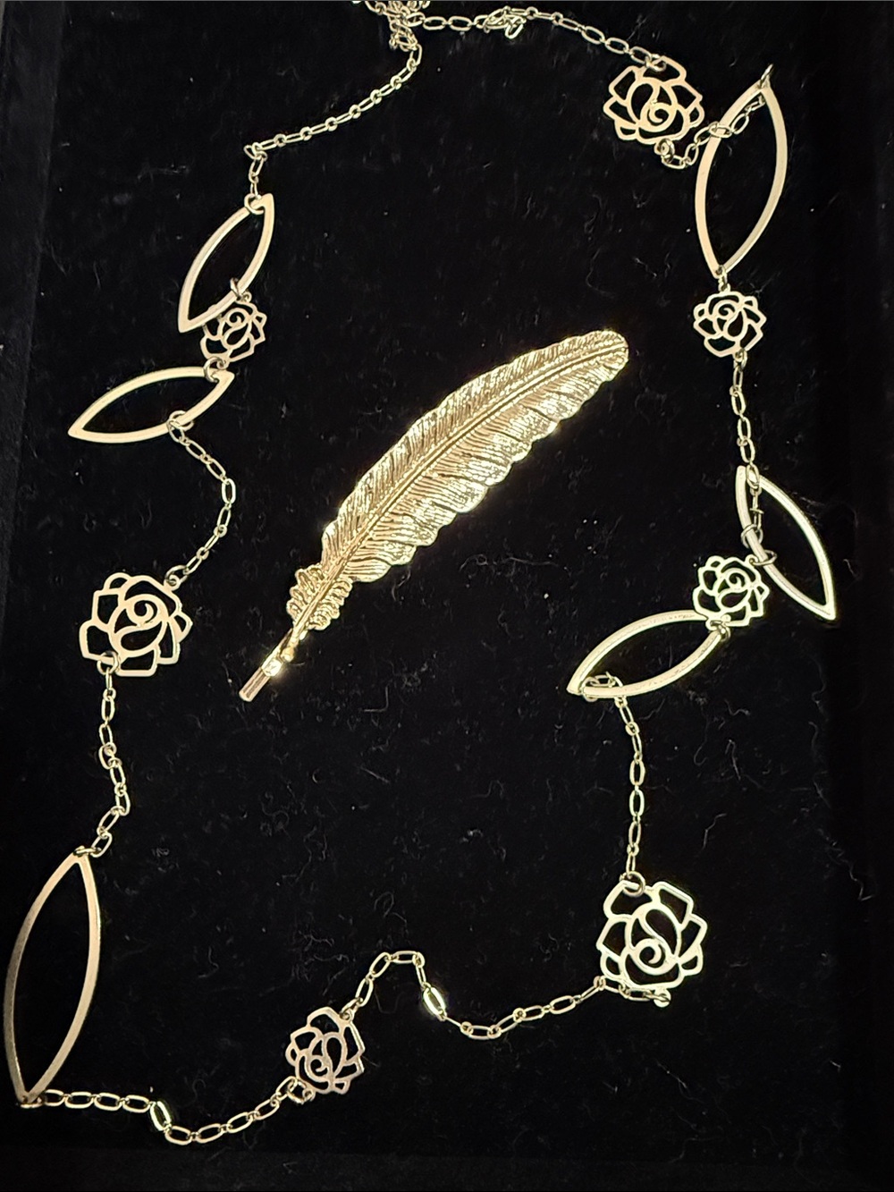 Gold Floral Long Chain Necklace/Leaf Hair Clip - Women Jewelry